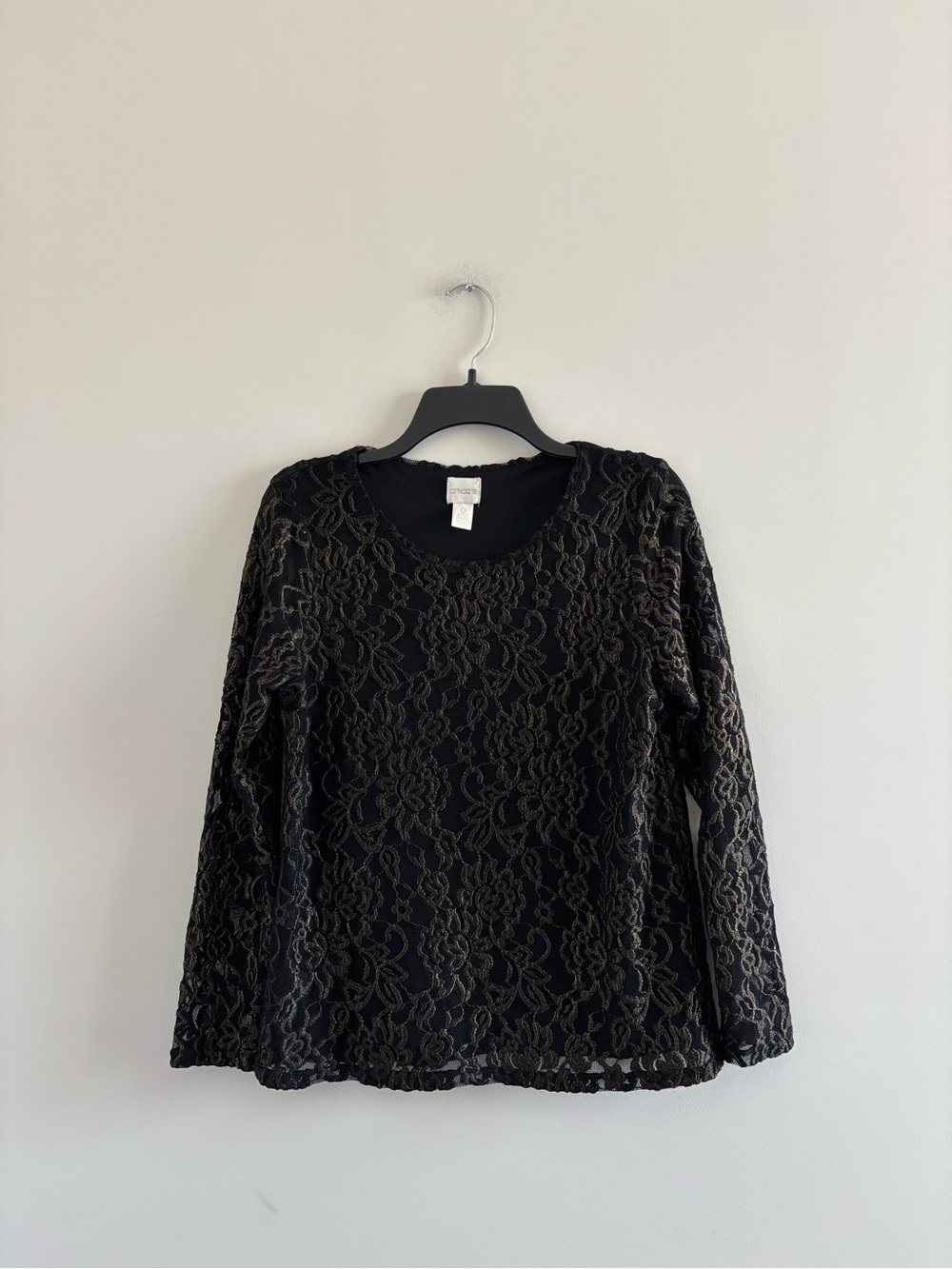 Chico’s Blouse Black Gold Lace Long Sheer Sleeve Womens S Whimsigoth Glam 90s